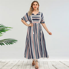 Retro Striped Waist Loose Large Size Dress