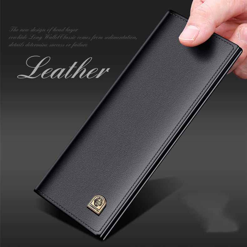 Long leather wallet for men – black first-layer cowhide bifold front view