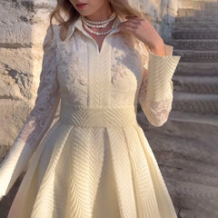 White Front Chest Flower Beads Lace Yarn French Style Retro Long Sleeve Fashion Slim Dress