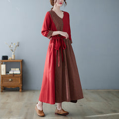 Long Sleeve V-neck Stitching Cotton And Linen Plus Size Slimming Dress Women