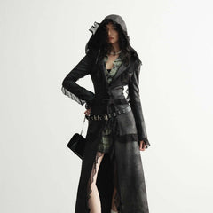 Dalian Hat Suede Slim-fit Thin Ruffled Overlong Coat showcased in black with hood, long sleeves, and stylish ruffle details.