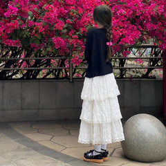 New High Waist White Lace Chiffon Skirt