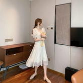 French Square Neck Puff Sleeve Polka Dot Dress