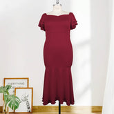 V-neck Short Sleeve Stitching High Waist Plus Size Ruffle Dress Women