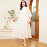 Elegant Style High Collar Solid Color Embroidery Splicing Lantern Sleeve Plus Size Dresses White