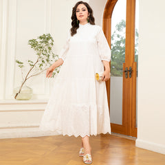 Elegant Style High Collar Solid Color Embroidery Splicing Lantern Sleeve Plus Size Dresses White