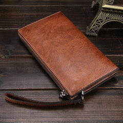 Leather phone wallet bag for men – khaki PU zipper handbag front view