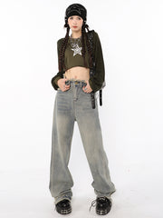 American High Waist Straight Wash Made Old Jeans Women