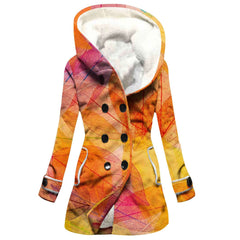 Women's Windbreaker Winter Thickened Imitation Lamb Stitching Floral Hooded in vibrant orange and yellow colors.