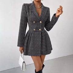 Fashion Plaid Temperament Commute V-neck Long Sleeve Skirt Coat in black and white plaid with double-breasted buttons.