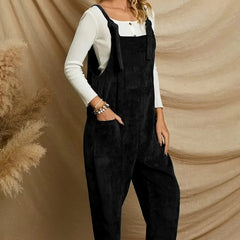 Women's Corduroy Solid Color Casual Long Jumpsuit Basic Style Pocket Strap Adjustable Overalls