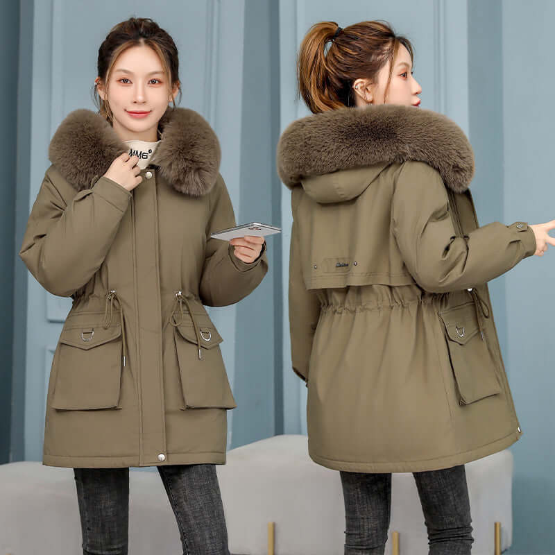 Waist Slimming Elegant Parka Cotton-padded Coat Fur Collar Western Style Velvet Lining Warm Coat in khaki color