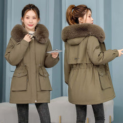 Waist Slimming Elegant Parka Cotton-padded Coat Fur Collar Western Style Velvet Lining Warm Coat in khaki color