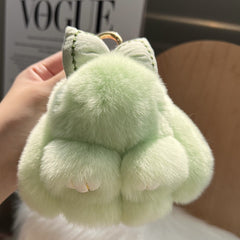 Cute Real Rex Rabbit Hair Bow Bunny Car Key Ring Pendant