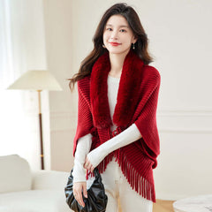 Women's Loose Tassel Fashion Shawl Jacket With Fur Collar in wine red, featuring batwing sleeves and mid-length design.