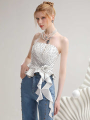 Summer Contrast Color Polka Dot Irregular Spaghetti-strap Top