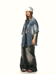 Washed-out Vintage Stitching Embroidered Floral Denim Shirt