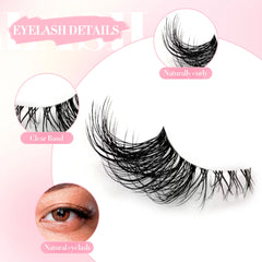 Natural-looking false eyelashes, 5 pairs of 3 D lashes, short and cute cat-eye design.