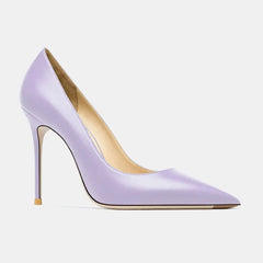 Luxury leather pumps for women in lavender color with pointed toe and high thin heel.