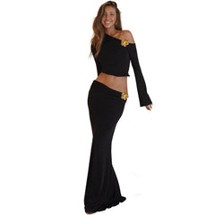 Diagonal Collar Three-dimensional Decoration High Waist Slim Fit Long Dress Suit