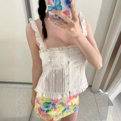 All-match Embroidered Ruffled Camisole Straight Collar Vest