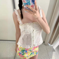 All-match Embroidered Ruffled Camisole Straight Collar Vest