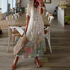 Long Sleeve Loose Bohemian Printed V-neck Maxi Dress