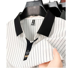 Striped Fashion Business Casual T-shirt Ice Silk Polo Shirt Middle-aged