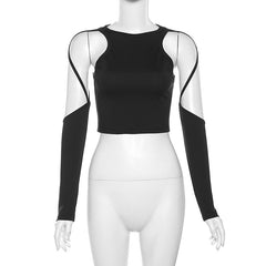 Fashion Women's Wear Long Sleeve Round Neck Hollow-out Navel T-shirt