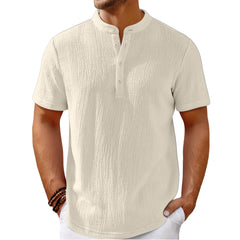 Men's Retro Cotton And Linen Stripes Henley Shirt Casual Loose Shirt
