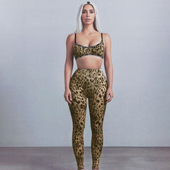 Leopard Print Sexy Suspender High Waist Tight Trousers Two-piece Set