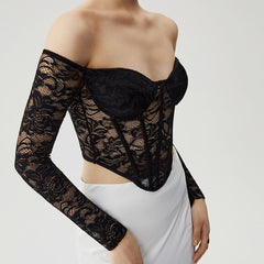 Translucent Off-shoulder Tube Top Lace Waist Long Sleeve Fishbone Corset