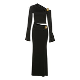 Diagonal Collar Three-dimensional Decoration High Waist Slim Fit Long Dress Suit