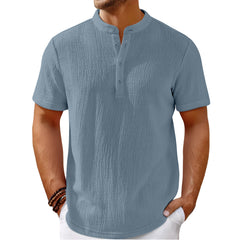 Men's Retro Cotton And Linen Stripes Henley Shirt Casual Loose Shirt