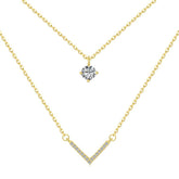 S925 Sterling Silver Plated 18K Gold Necklace Double Layered V-shaped Pendant