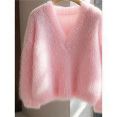 Women's Solid Color Milk Huhu Soft Glutinous Mohair Sweater
