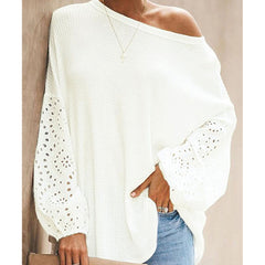 European And American Loose Diagonal Collar Hollow-out Long Sleeve Off-shoulder Top