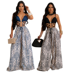 European And American Sexy Strap Lace-up Loose Jumpsuit