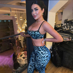 Leopard Print Sexy Suspender High Waist Tight Trousers Two-piece Set