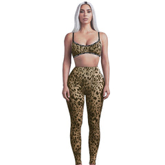 Leopard Print Sexy Suspender High Waist Tight Trousers Two-piece Set