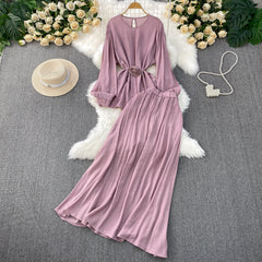 French Style Women's Temperament Twinset Design Sense Lace-up Waist-controlled Fashionable Long Sleeve