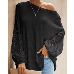 European And American Loose Diagonal Collar Hollow-out Long Sleeve Off-shoulder Top