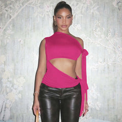 Personalized Retro Ribbon Shoulder Sleeveless Sexy Solid Color Slim Vest