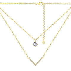 S925 Sterling Silver Plated 18K Gold Necklace Double Layered V-shaped Pendant