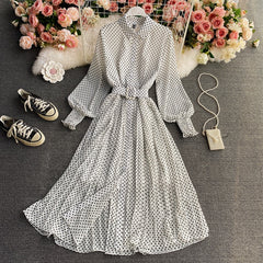 Polka Dot Chiffon Shirt Collar Temperament Waist-controlled Large Hem Pleated Long Skirt