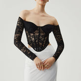 Translucent Off-shoulder Tube Top Lace Waist Long Sleeve Fishbone Corset