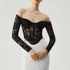 Translucent Off-shoulder Tube Top Lace Waist Long Sleeve Fishbone Corset