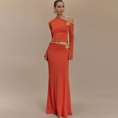 Diagonal Collar Three-dimensional Decoration High Waist Slim Fit Long Dress Suit