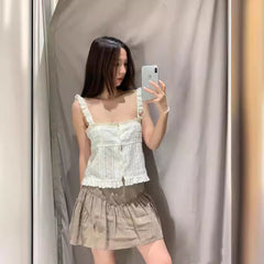 All-match Embroidered Ruffled Camisole Straight Collar Vest