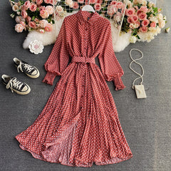 Polka Dot Chiffon Shirt Collar Temperament Waist-controlled Large Hem Pleated Long Skirt